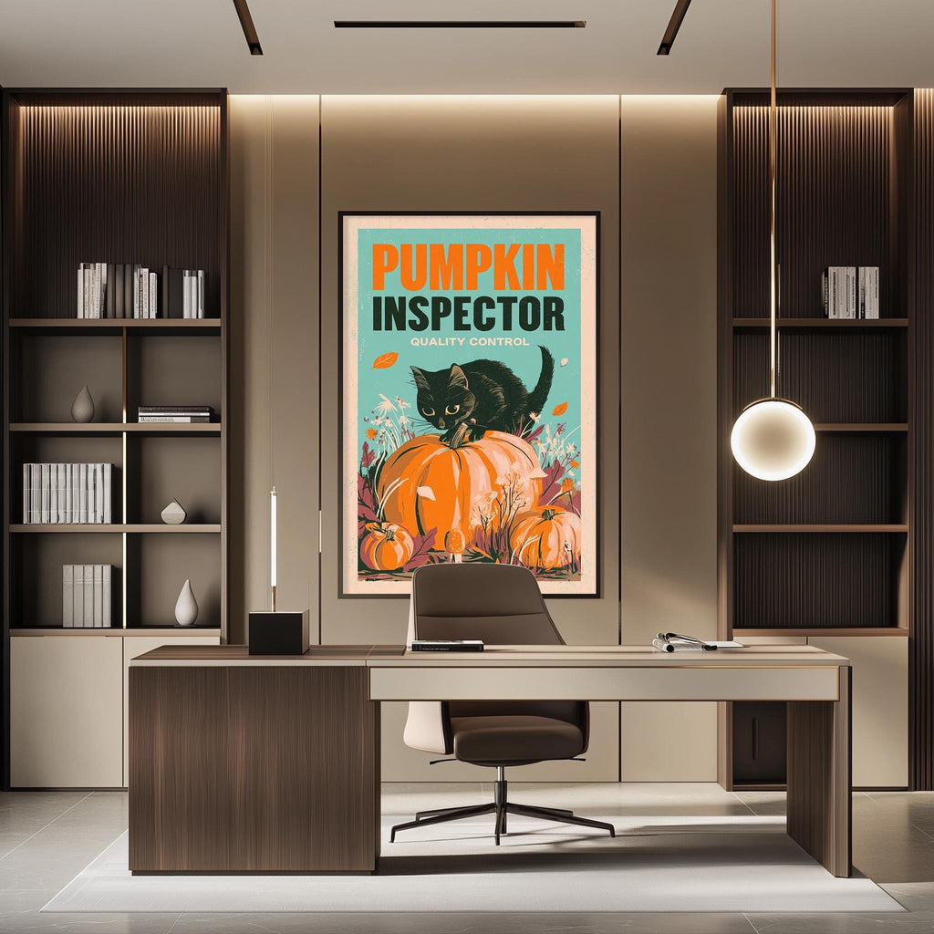 a modern office space with a desk, chair, and bookshelves. A large framed poster of a cat sitting on a pumpkin is displayed on the wall above the desk.