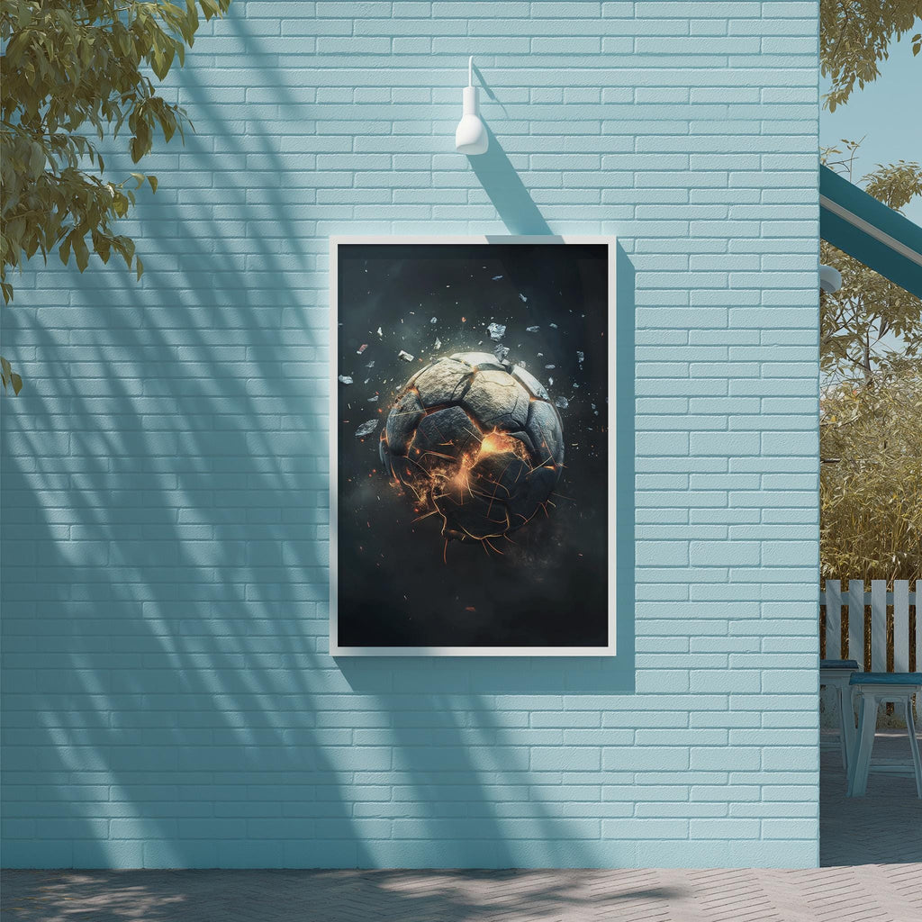 a large, framed poster of a soccer ball with a fiery, cracked surface, hanging on a blue brick wall.