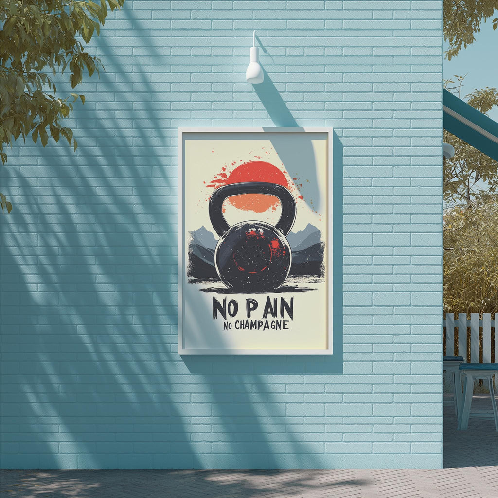 a poster with a kettlebell and a red sun in the background, mounted on a blue brick wall.