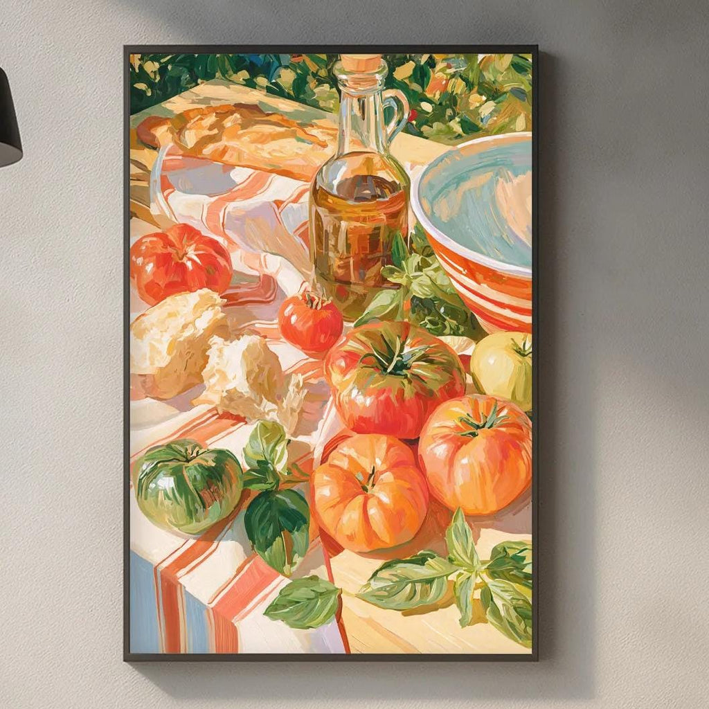 a kitchen counter with various kitchen items, including a cutting board, a bottle, and a bowl. Above the counter, there is a framed painting depicting a table with food, including tomatoes, bread, and other dishes.