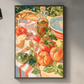 a kitchen counter with various kitchen items, including a cutting board, a bottle, and a bowl. Above the counter, there is a framed painting depicting a table with food, including tomatoes, bread, and other dishes.