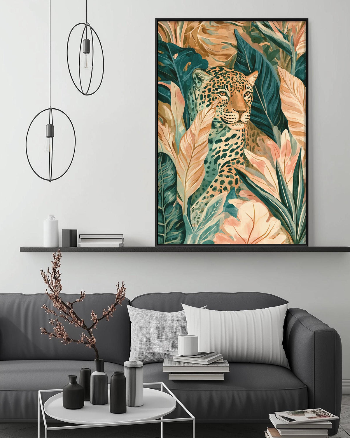 a large, vibrant painting of a leopard surrounded by lush tropical foliage, hanging on a wall above a gray couch in a modern living room setting.