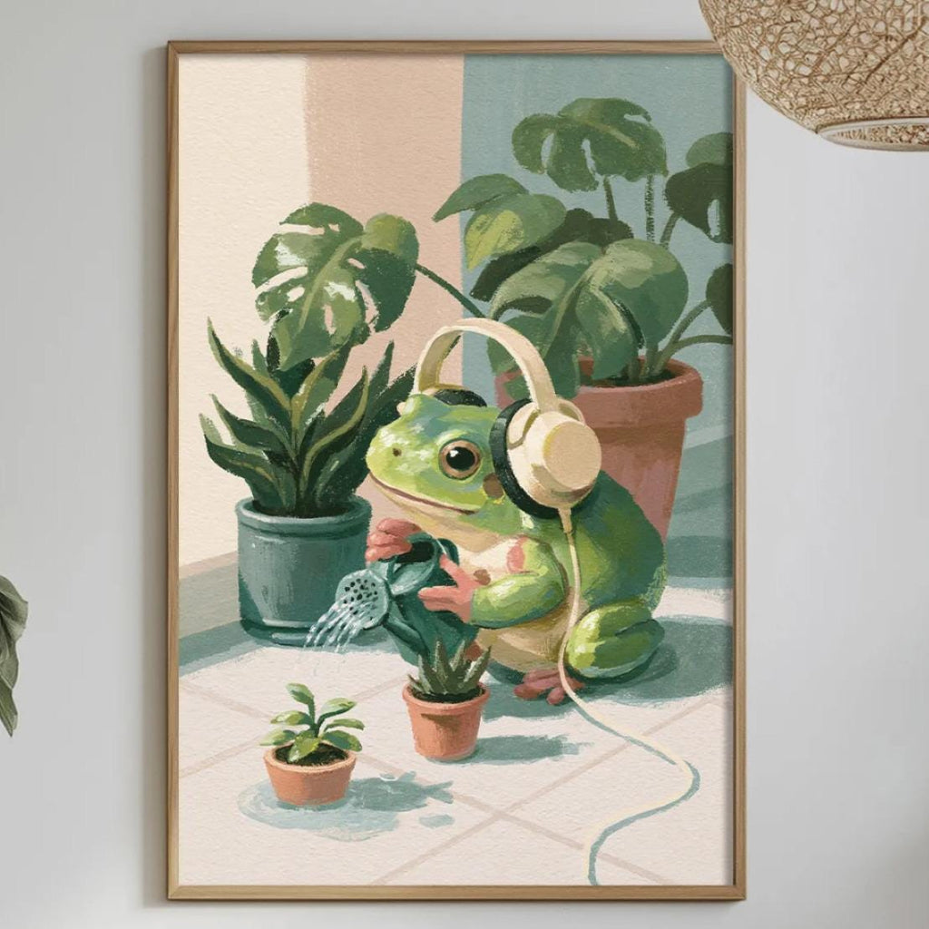 a framed painting of a frog wearing headphones, surrounded by potted plants and a dining table with various items on it.