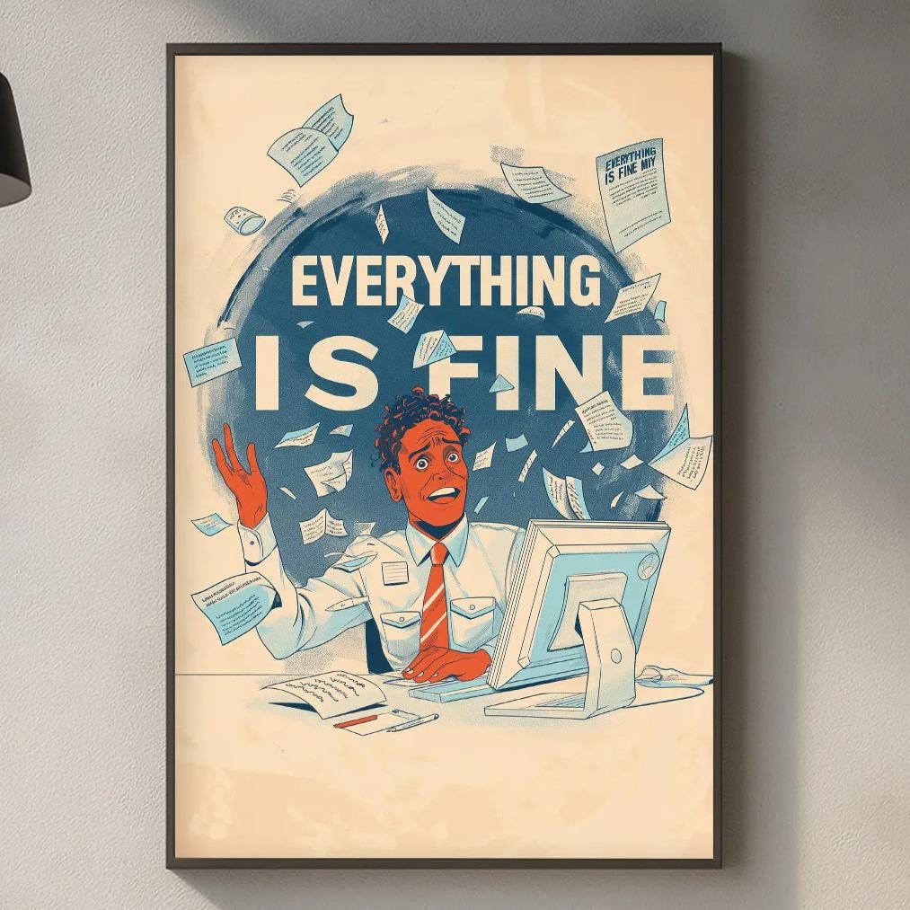 a framed poster with the text "EVERYTHING IS FINE" hanging on a wall above a kitchen counter.