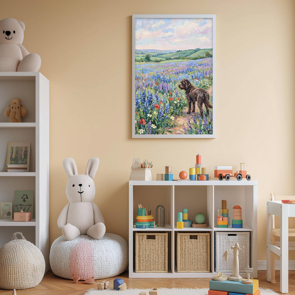 A cozy children's room with a large stuffed bunny, a toy train, and a framed painting of a dog in a field of flowers.