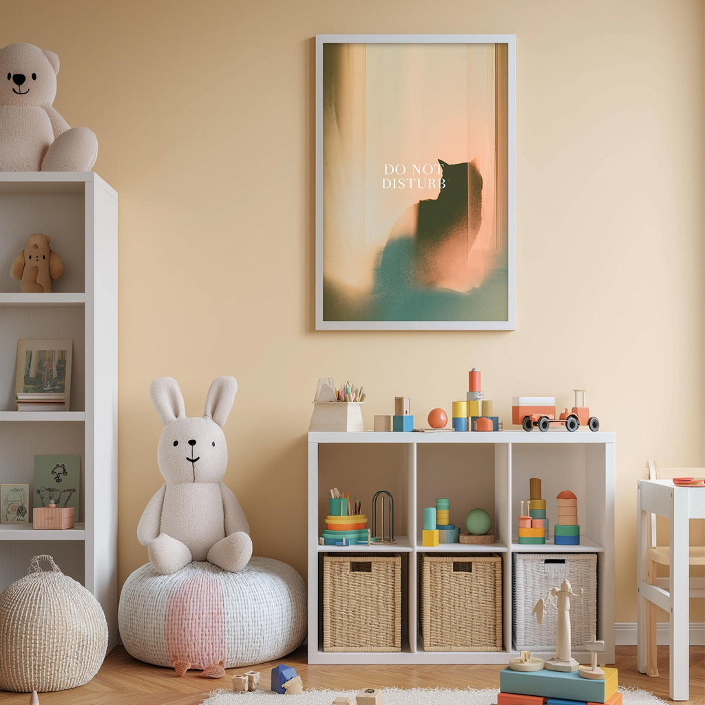 A cozy and colorful children's bedroom with a white bookshelf, a plush rabbit, and a toy train set. The walls are painted a light peach color, and there is a framed poster with the text "DO NOT DISTURB" on the wall.