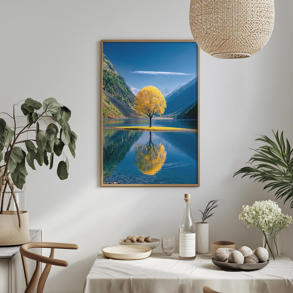 a serene landscape with a tree in the foreground, its reflection mirrored in a calm lake. The scene is framed by a light fixture, creating a harmonious and tranquil atmosphere.