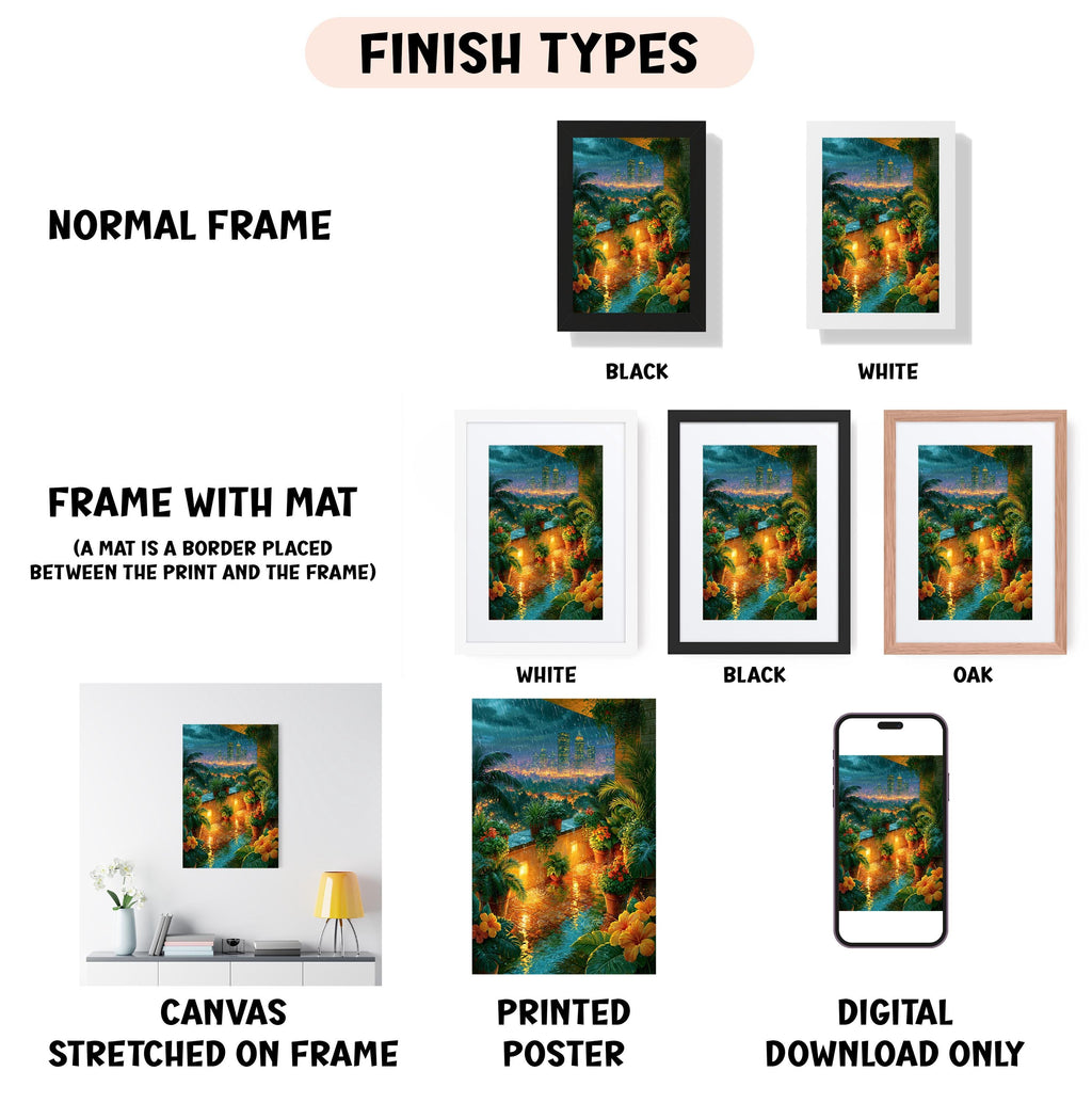 various types of artwork, including a normal frame, a frame with a mat, a white frame, a black frame, an oak frame, a white canvas stretched on a frame, a printed poster, and a digital download only.