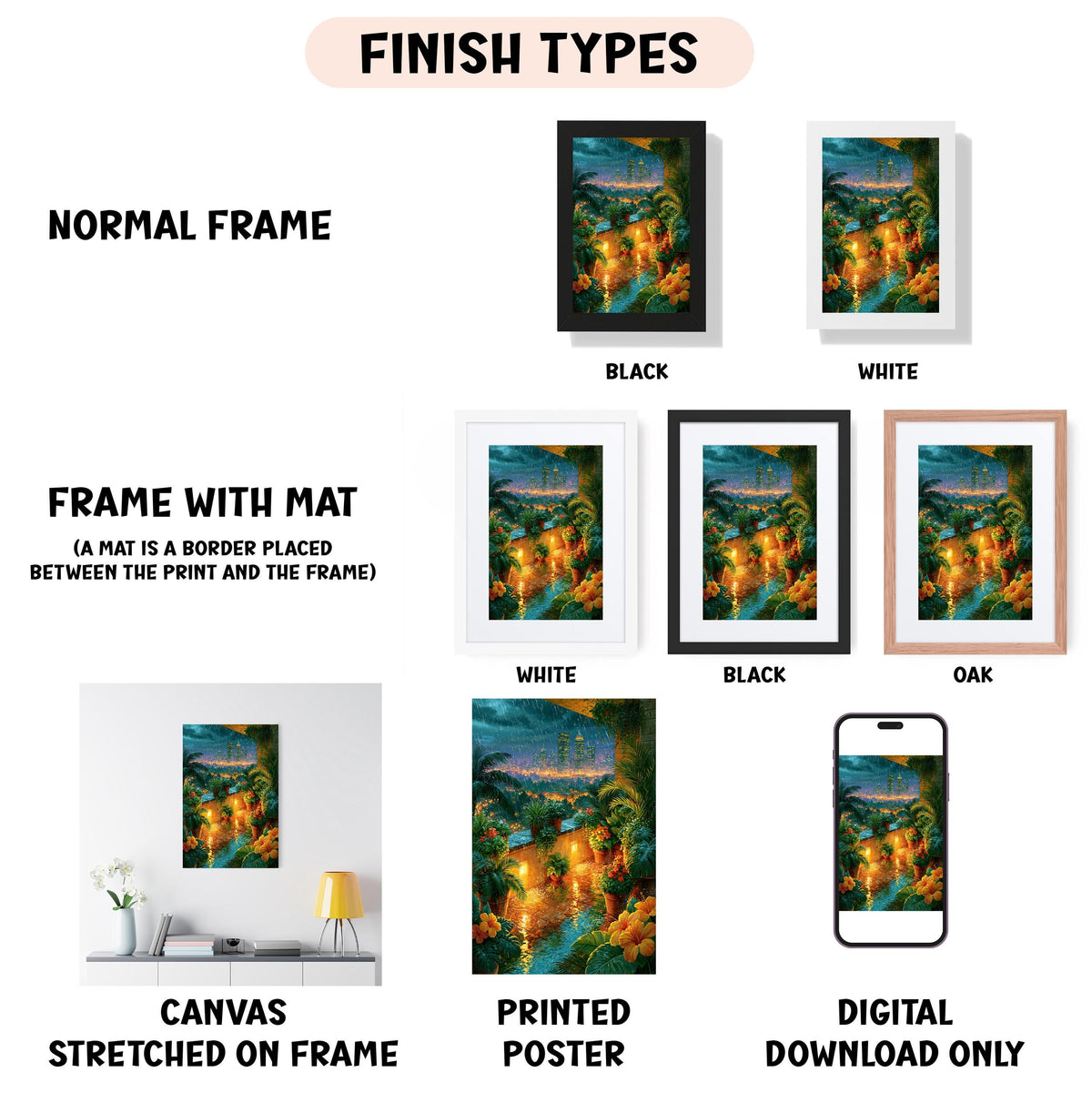 various types of artwork, including a normal frame, a frame with a mat, a white frame, a black frame, an oak frame, a white canvas stretched on a frame, a printed poster, and a digital download only.