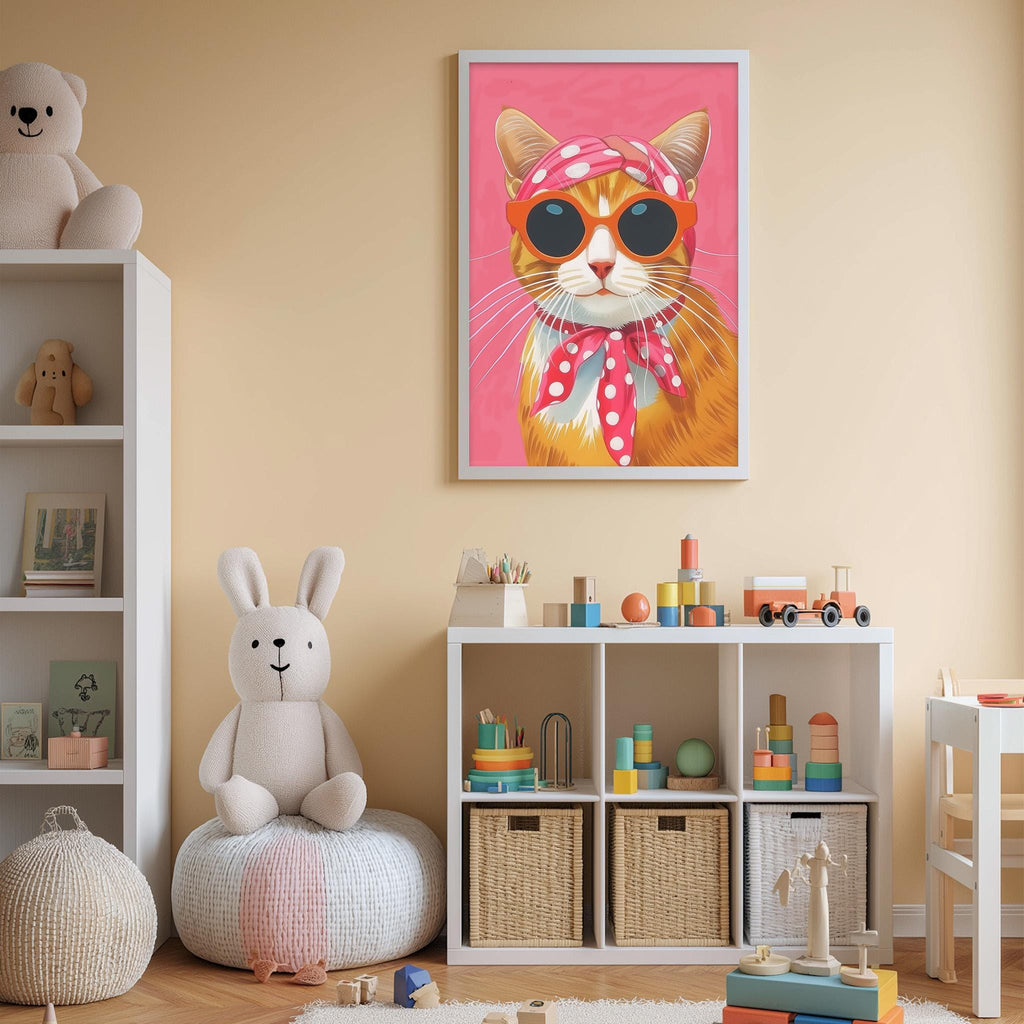 A child's bedroom with a pink wall, a framed picture of a cat wearing sunglasses, a white bookshelf, a stuffed rabbit, and a toy train.