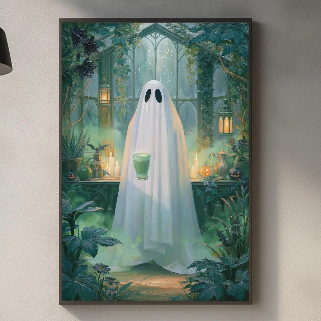 a kitchen scene with a framed ghost painting hanging on the wall. The kitchen counter has various items on it, including a cutting board, a bottle, and a vase. The overall setting appears to be a cozy and inviting space.
