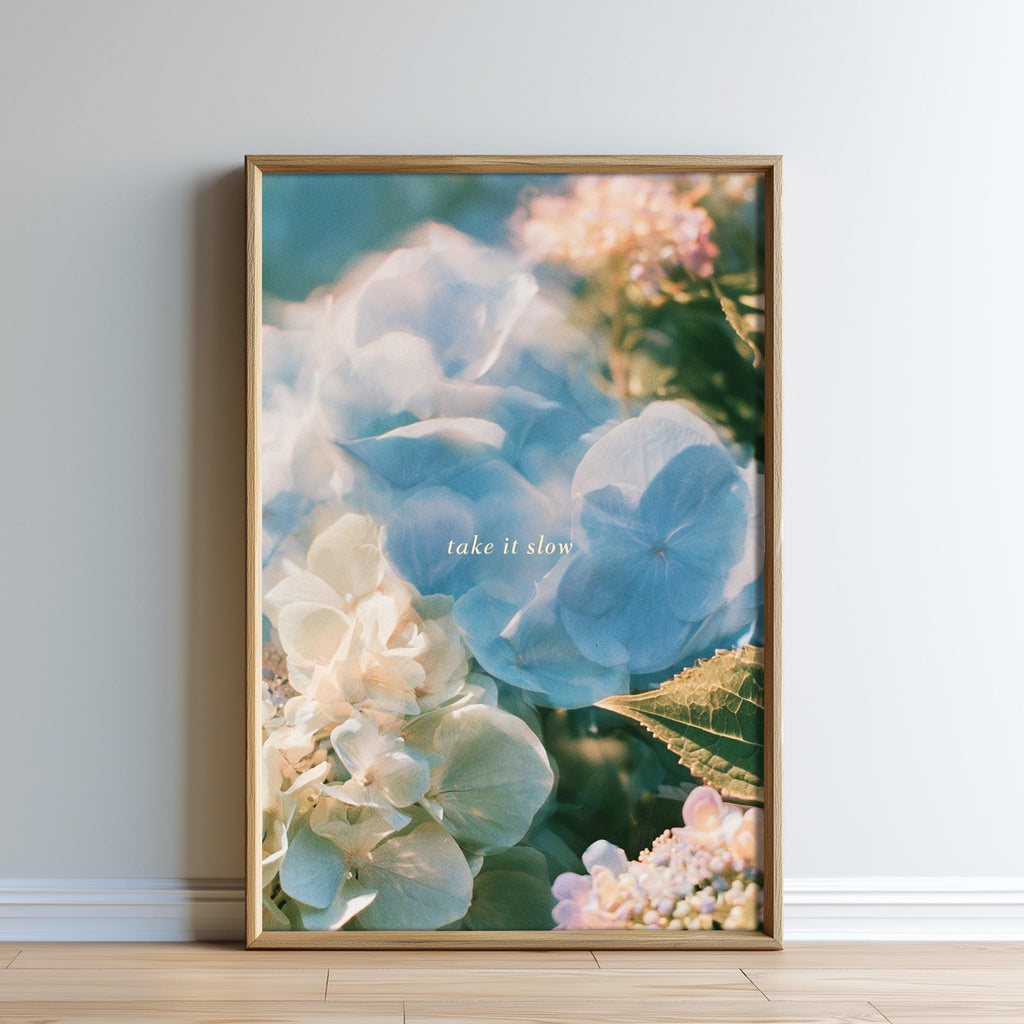 The image is a framed print of a close-up of a flower, with the text "Take it slow" written on it.