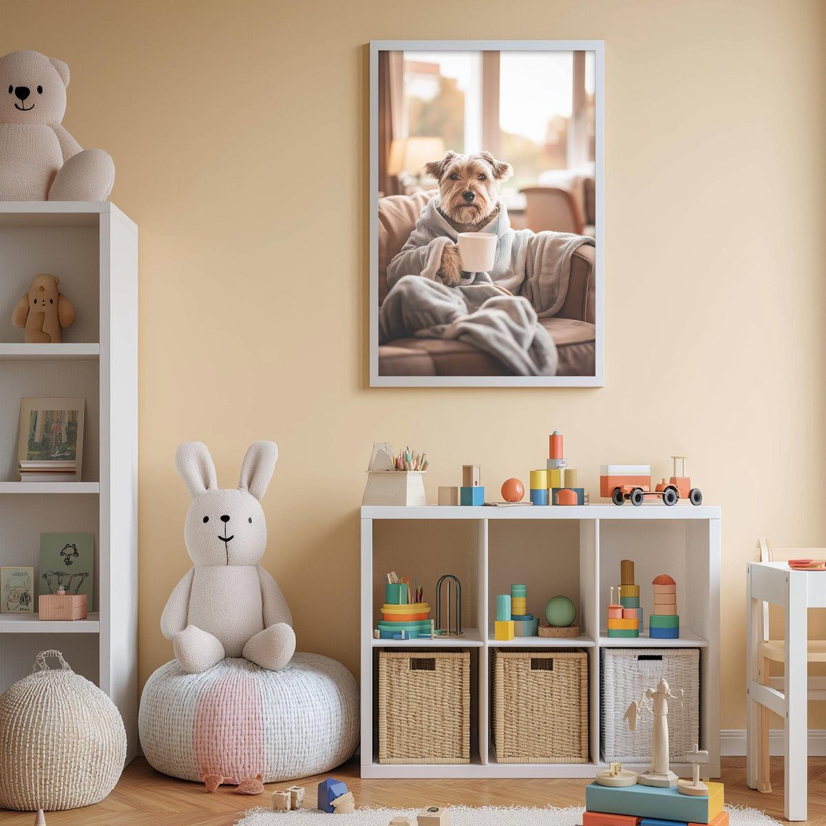 A cozy children's room with a large stuffed rabbit, a framed photo of a dog in a blanket, and a toy shelf filled with various toys.