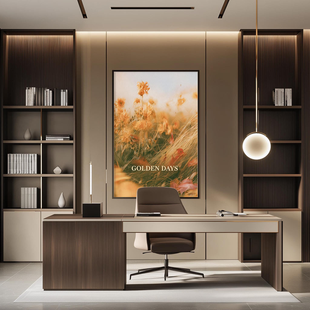 a modern and well-lit office space with a large framed poster of a field of flowers on the wall, a wooden desk with a chair, and a bookshelf filled with books.