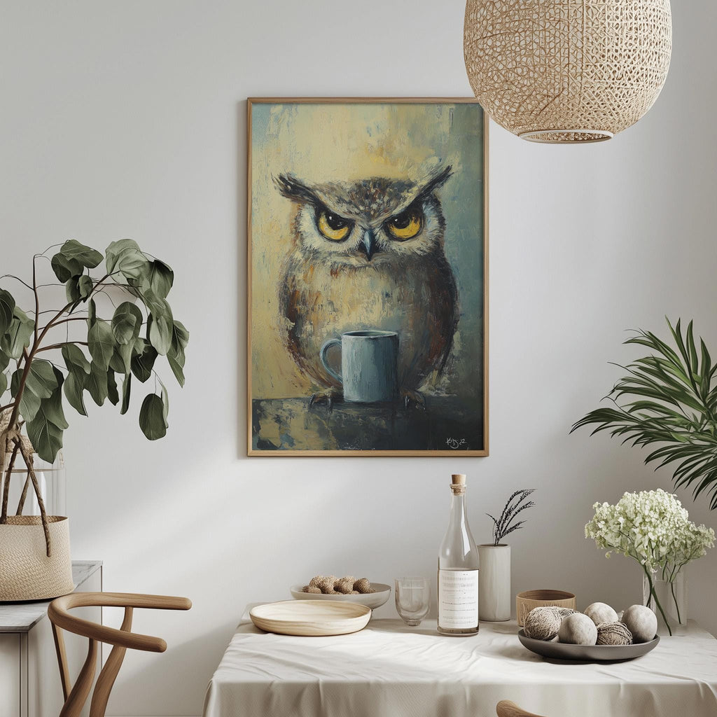 a painting of an owl holding a cup of coffee, hanging on a wall above a table with various items on it.