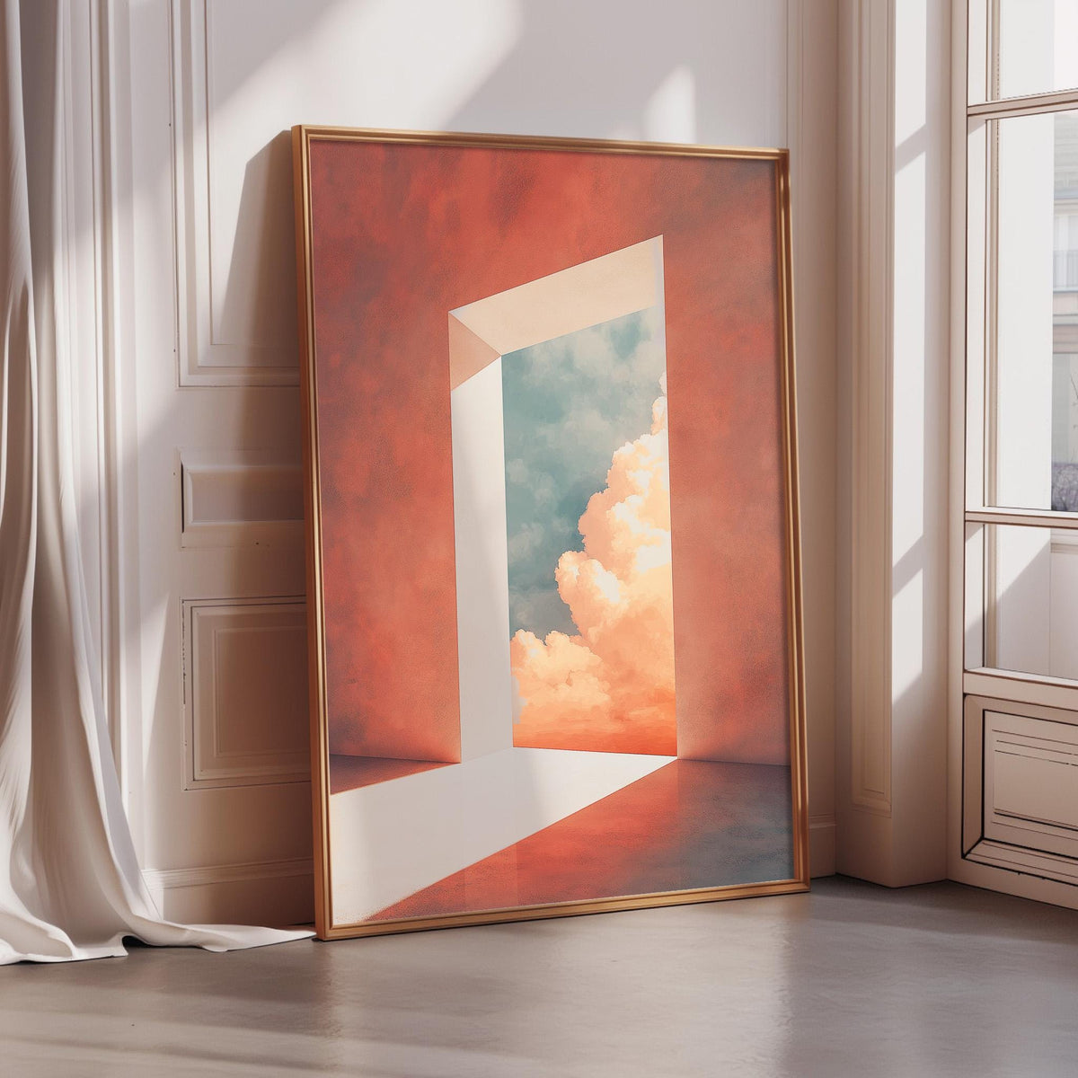 a large, framed painting depicting a window with a view of a cloudy sky.