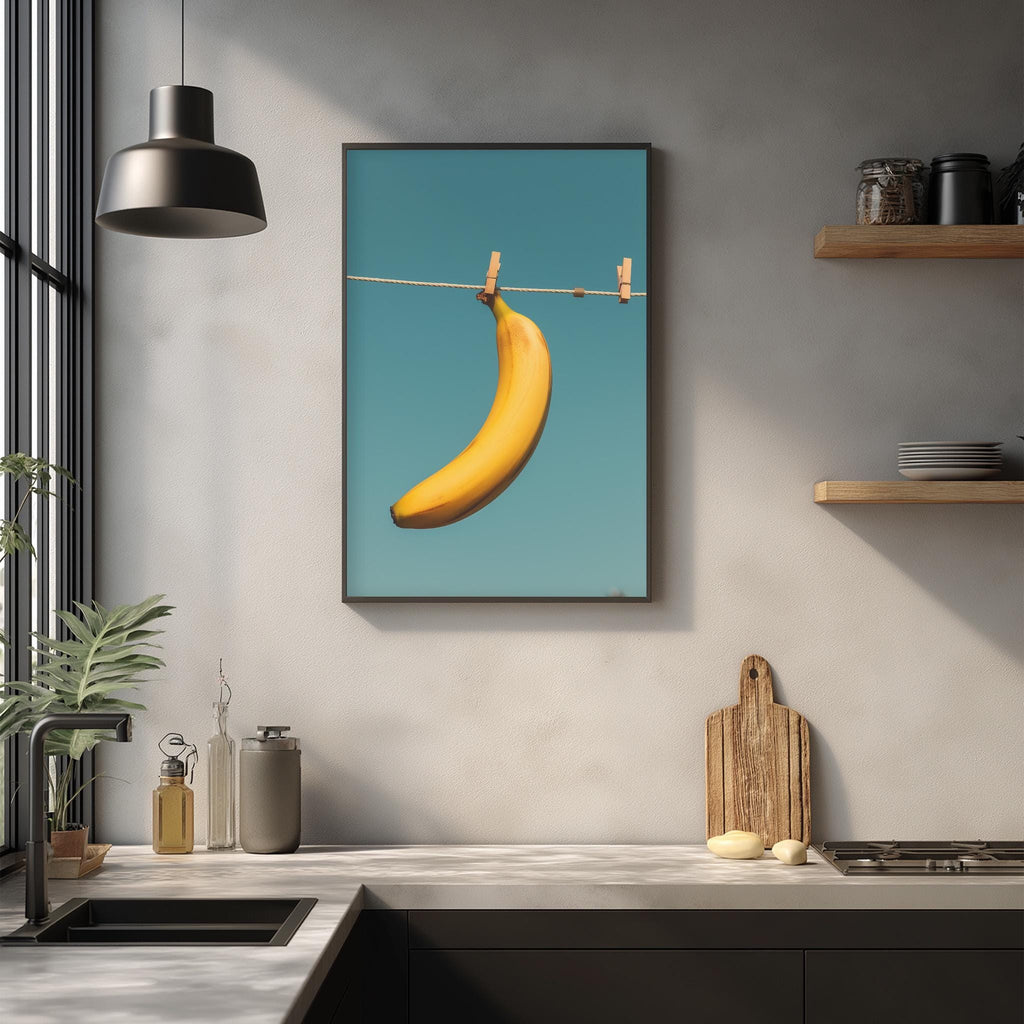 a kitchen counter with a banana hanging from a clothesline, a wooden cutting board, and various kitchen items such as a bottle and a jar.