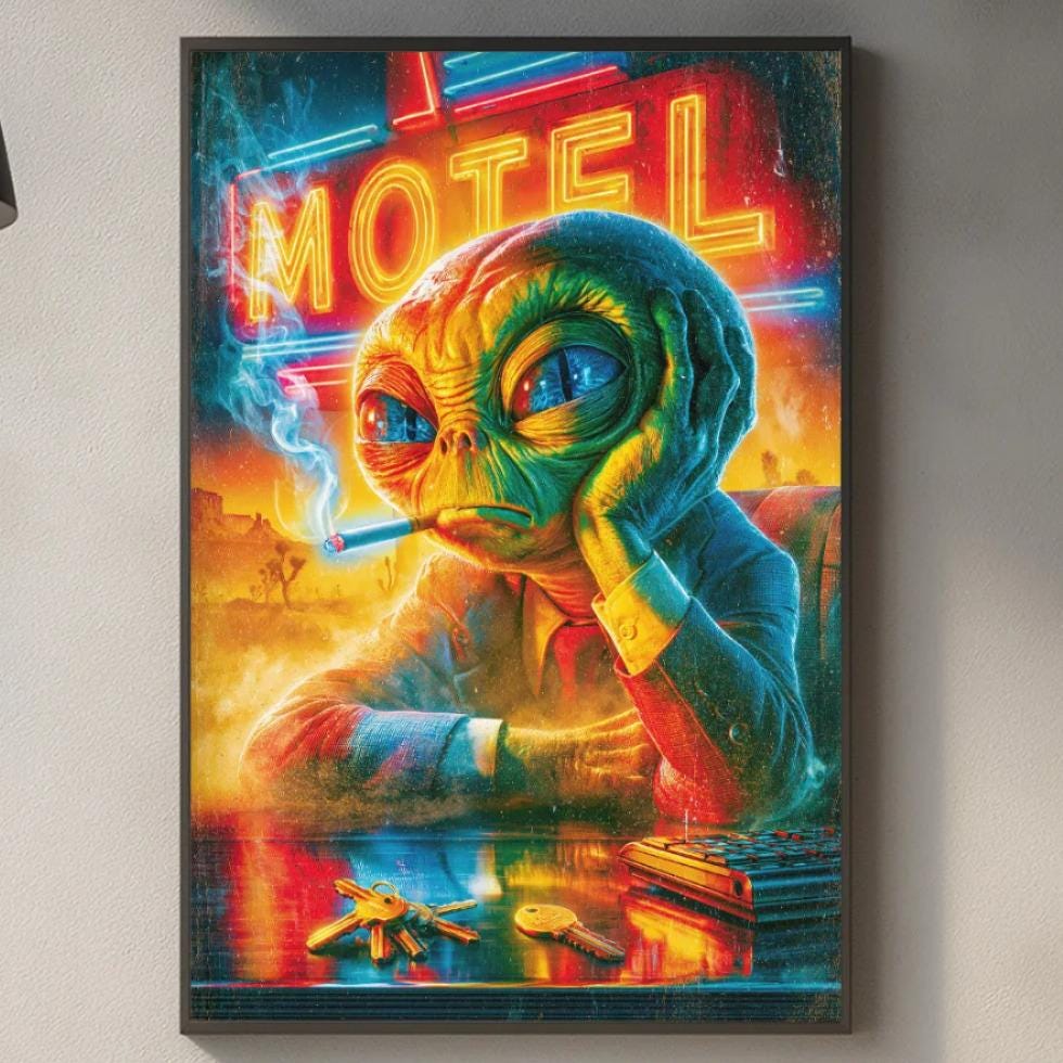 a vibrant, colorful painting of an alien character hanging on a wall above a kitchen counter.