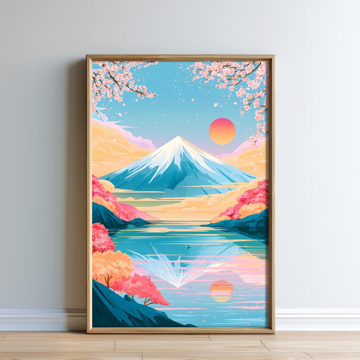A framed illustration depicting a serene landscape with a snow-capped mountain, a lake, and a sunset over the water.