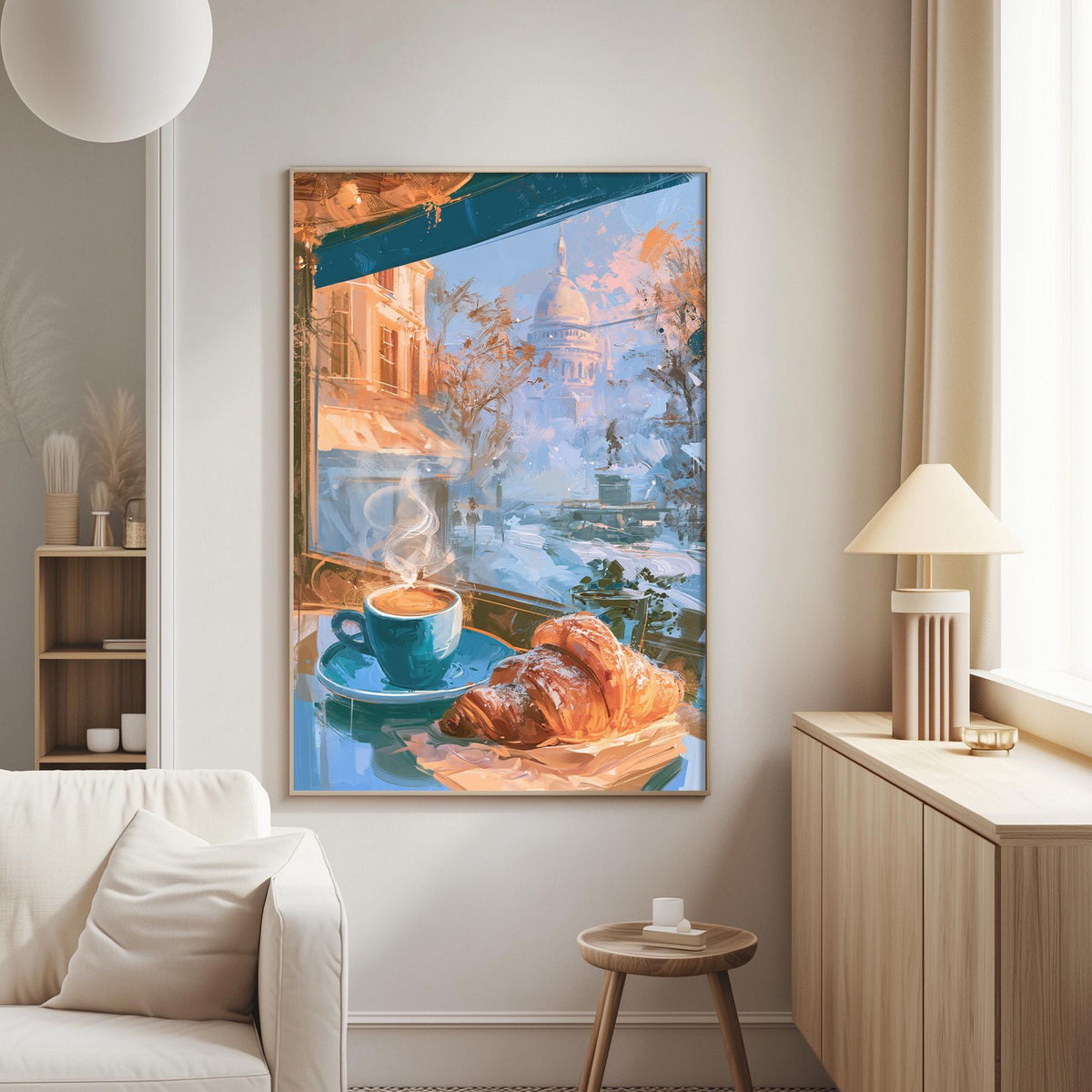 a cozy living room with a large painting of a croissant and coffee on a table, a white sofa, and a wooden side table with a lamp.