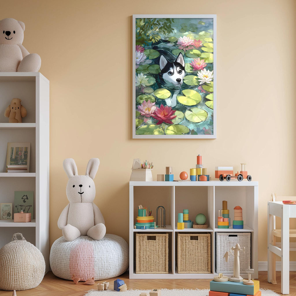 A cozy children's room with a white bookshelf, a plush white rabbit, and a framed painting of a husky dog swimming in a pond with lily pads.