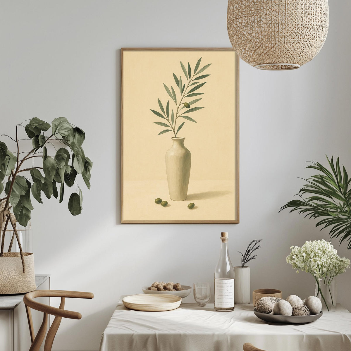 a dining table with a white tablecloth, a vase with a plant, and various decorative items such as a bowl, a bottle, and a potted plant.