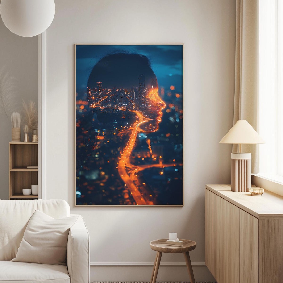 a large framed artwork depicting a woman's face with a cityscape in the background, creating a striking visual contrast between the human form and the urban environment.