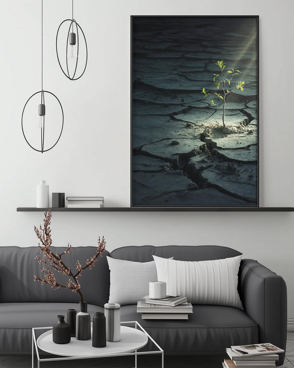 a living room with a gray sofa, a coffee table, and a large framed picture of a plant growing out of a crack in the floor. The room has a minimalist and modern design, with a black and white color scheme.
