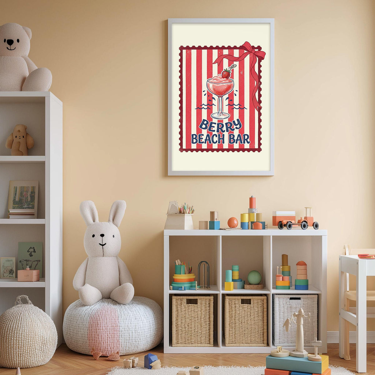 A child's bedroom with a white bookshelf, a stuffed rabbit, and a framed poster of a beach bar. The poster features a red and white striped border and the text "BERRY BEACH BAR".
