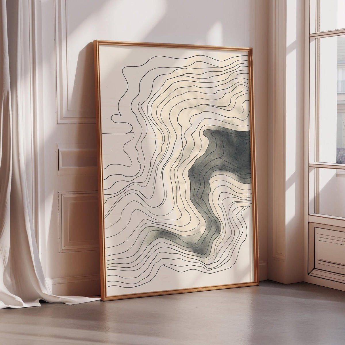 a large abstract artwork with a geometric pattern of lines and curves, displayed in a wooden frame on a wall.