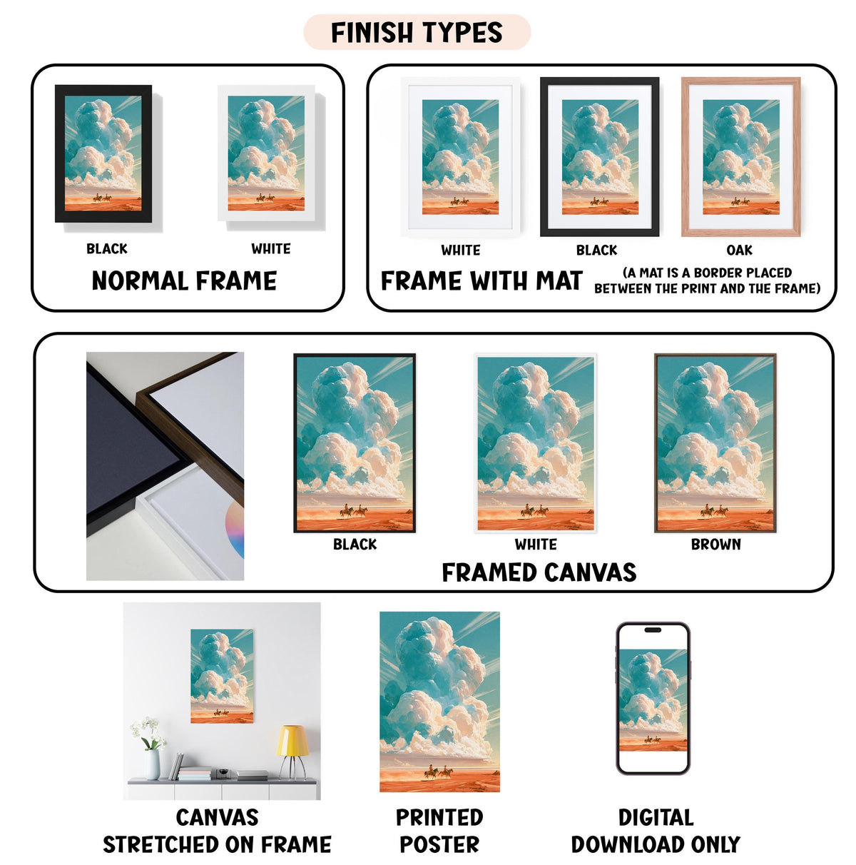 various finish types for artwork, including canvas, framed canvas, stretched canvas, printed poster, and digital download only.
