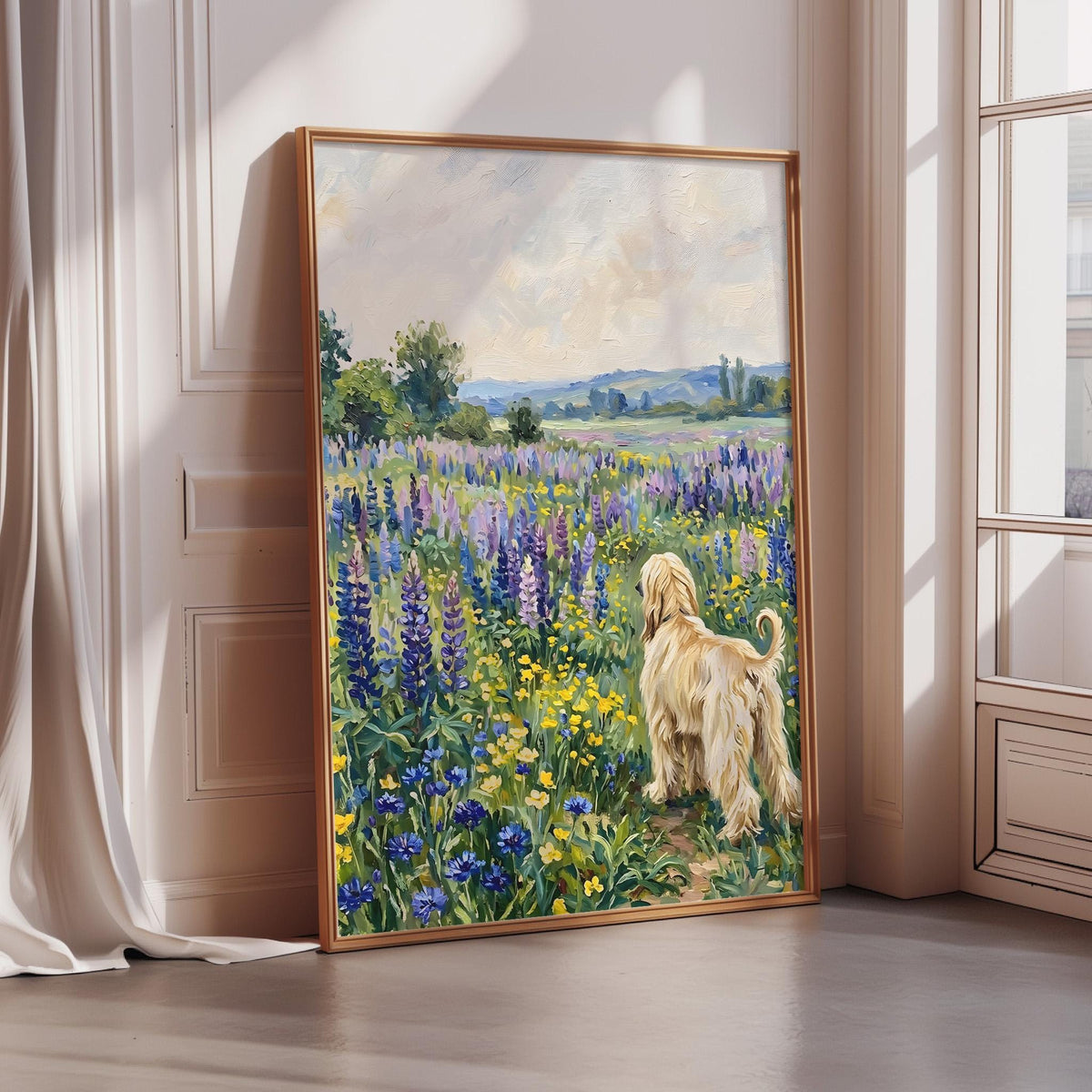 A large painting of a golden retriever dog standing in a field of colorful flowers, with a picturesque landscape in the background.