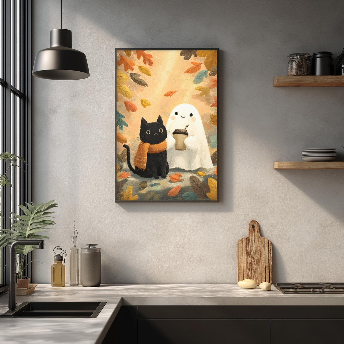 a kitchen scene with a framed illustration of a black cat and a ghost, both holding a cup, hanging on the wall above a countertop.