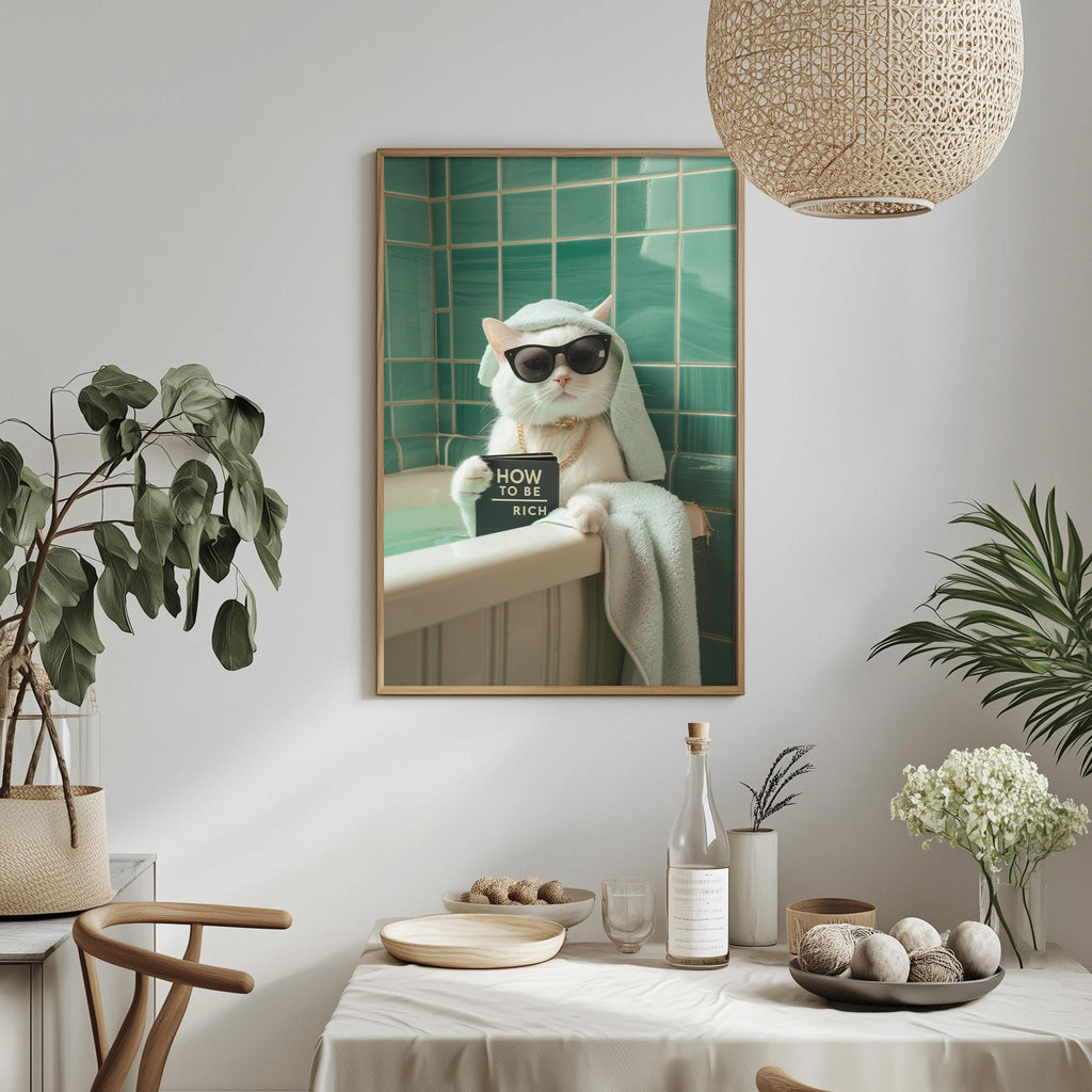A framed picture of a cat wearing sunglasses and a towel, sitting in a bathtub, is displayed on a wall in a room with a dining table, plants, and other decor.