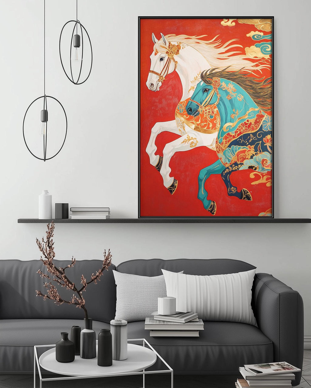 a large, colorful painting of two horses, one white and one blue, on a wall above a gray couch with a coffee table in front of it. The painting is surrounded by various decorative items, such as a potted plant, vases, and books, creating a cozy and stylish living room setting.