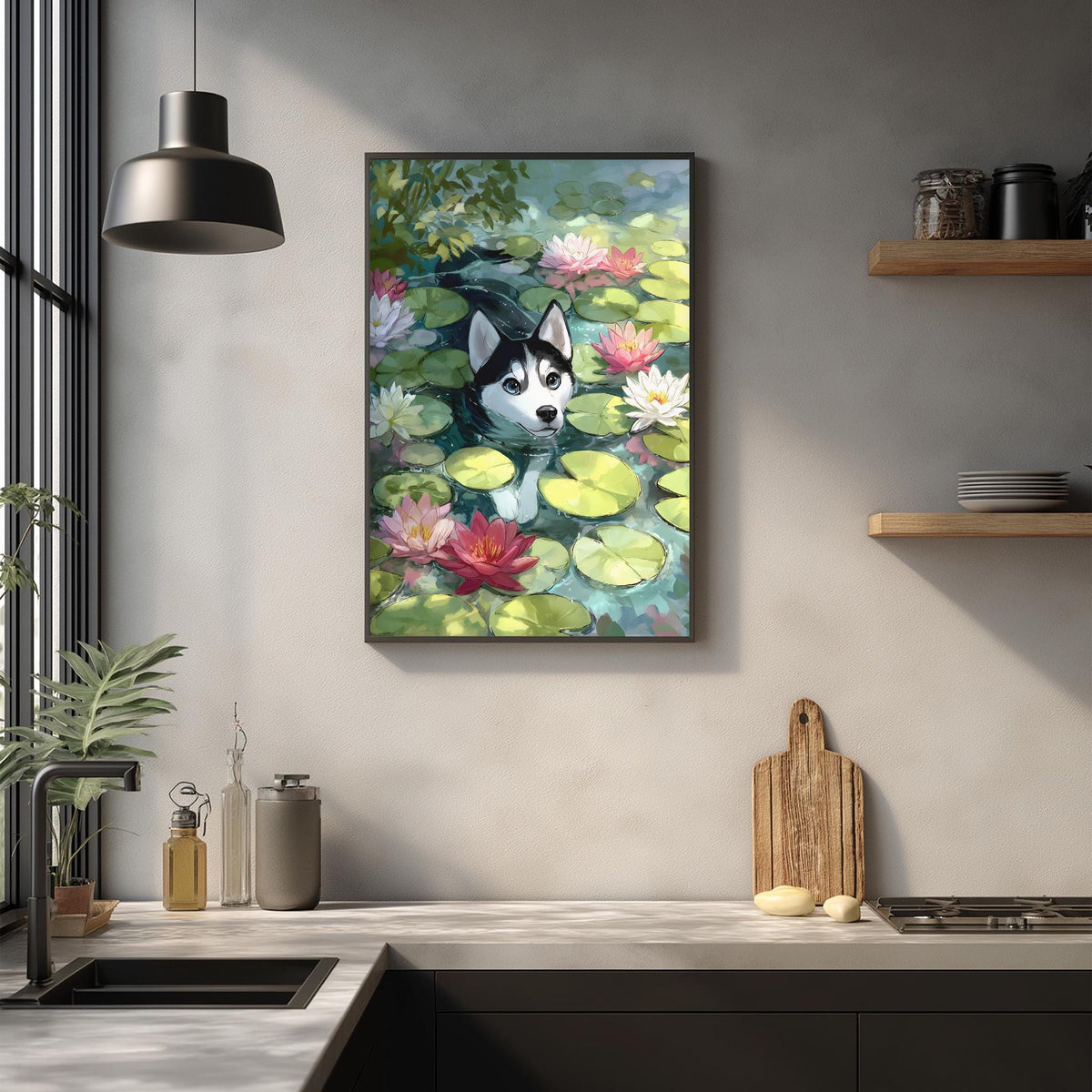 a framed painting of a husky dog peeking out from a pond filled with lily pads, surrounded by a lush green and pink floral background.