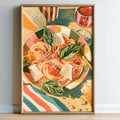 The image is a framed painting depicting a plate of spaghetti with various toppings, including cheese, basil leaves, and a glass of red wine.