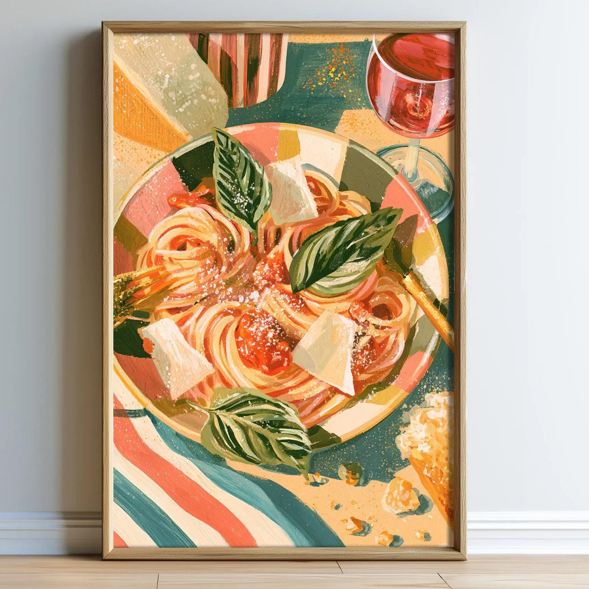 The image is a framed painting depicting a plate of spaghetti with various toppings, including cheese, basil leaves, and a glass of red wine.