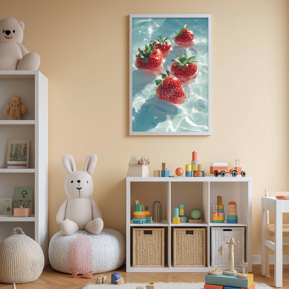 A child's bedroom with a white bookshelf, a stuffed rabbit, and a framed image of red strawberries in water.