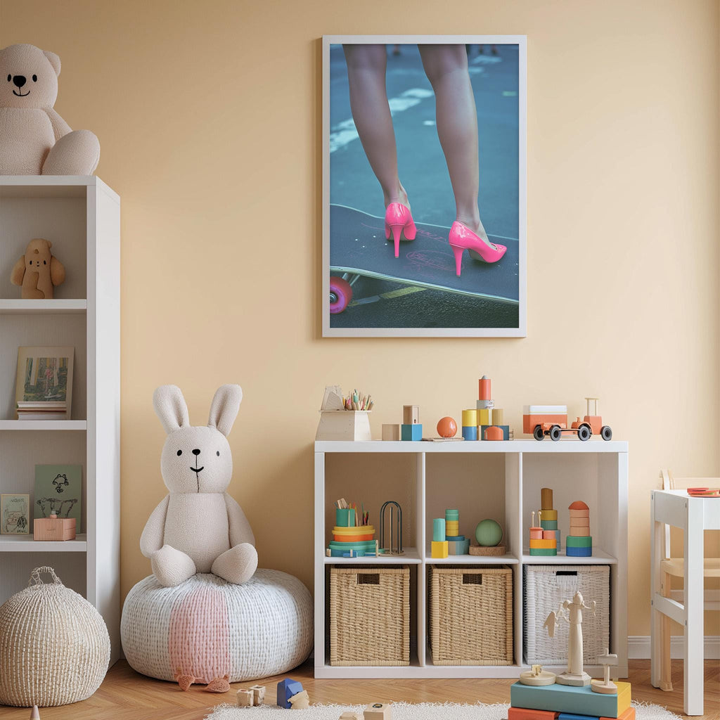 a child's bedroom with a stuffed rabbit, a shelf with toys, and a framed photo of a person's legs wearing pink high heels.