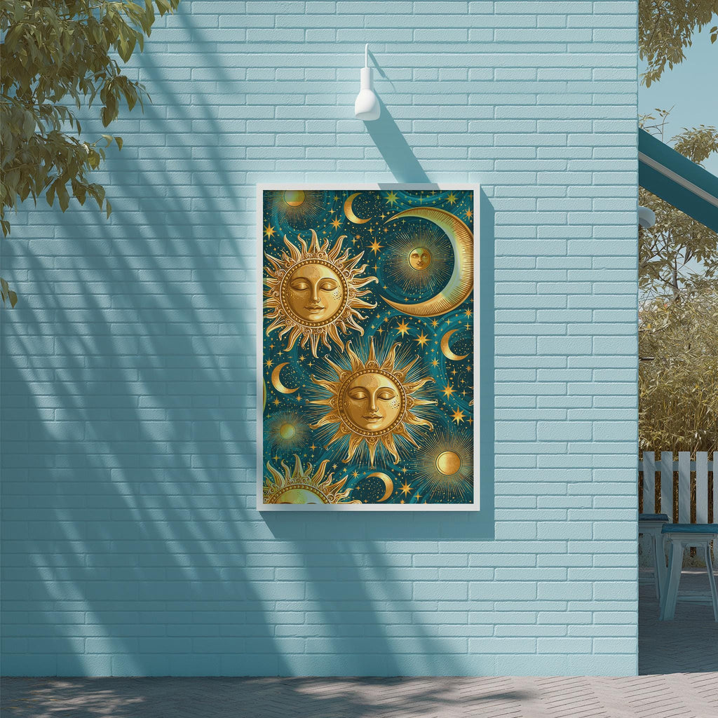 a large framed poster with a vibrant design of suns, crescents, and stars on a blue brick wall.