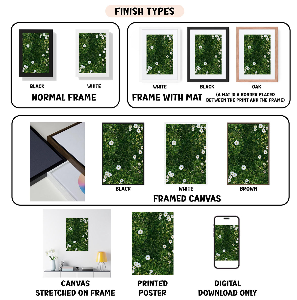 various types of framed artwork, including canvas stretched on a frame, framed canvas, and digital download only. The artwork features different color schemes and mat placements, such as black, white, and brown.
