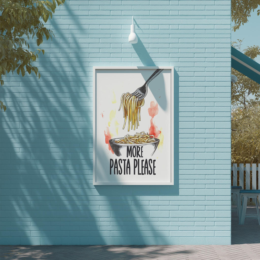 A framed poster with a picture of spaghetti and a fork, along with the text "MORE PASTA PLEASE" displayed on a blue brick wall.