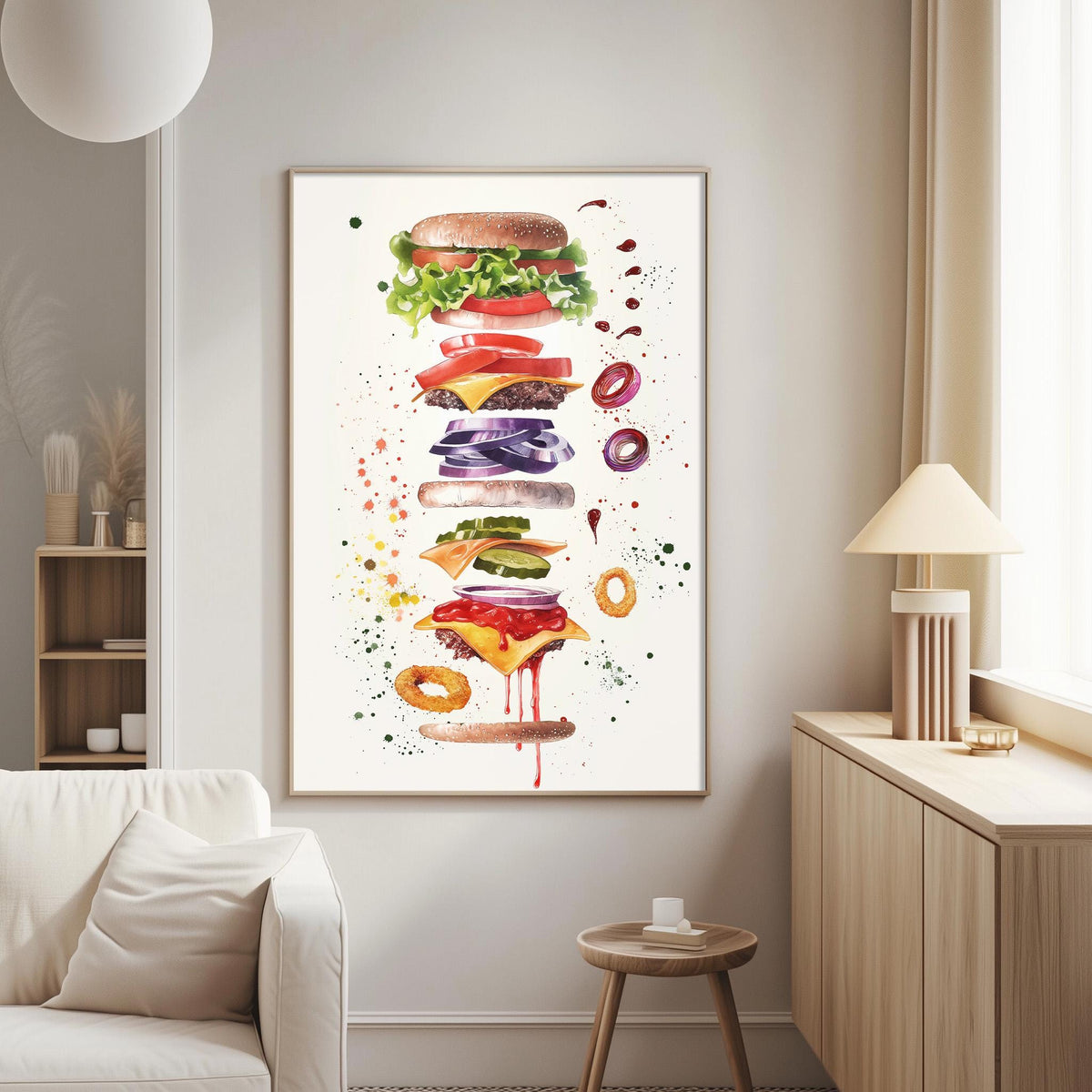 a large, colorful painting of a burger with various toppings, including lettuce, tomato, onion, and cheese, displayed on a wall in a living room setting.