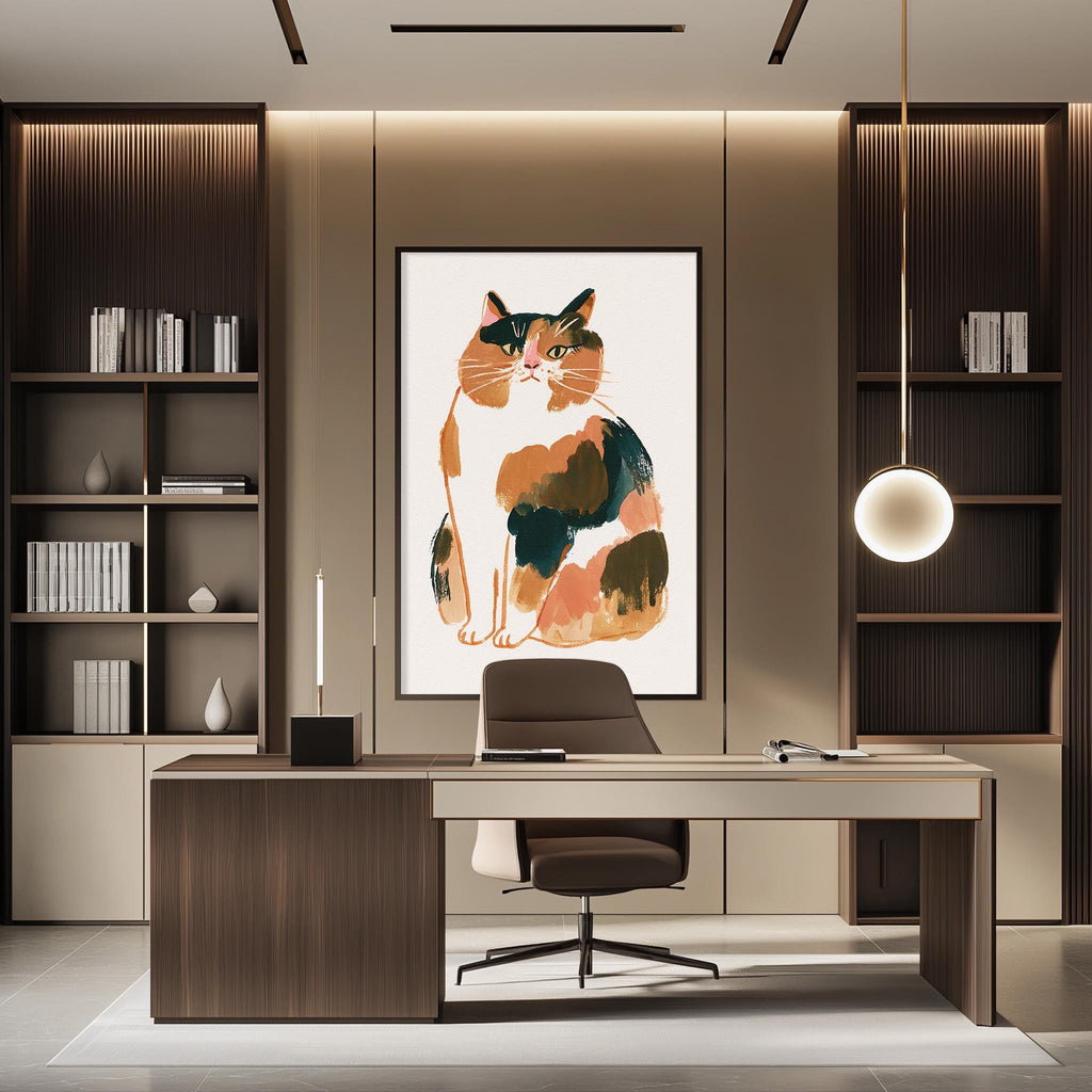 a modern and stylish home office with a large framed cat illustration on the wall, a wooden desk, and a comfortable-looking chair.