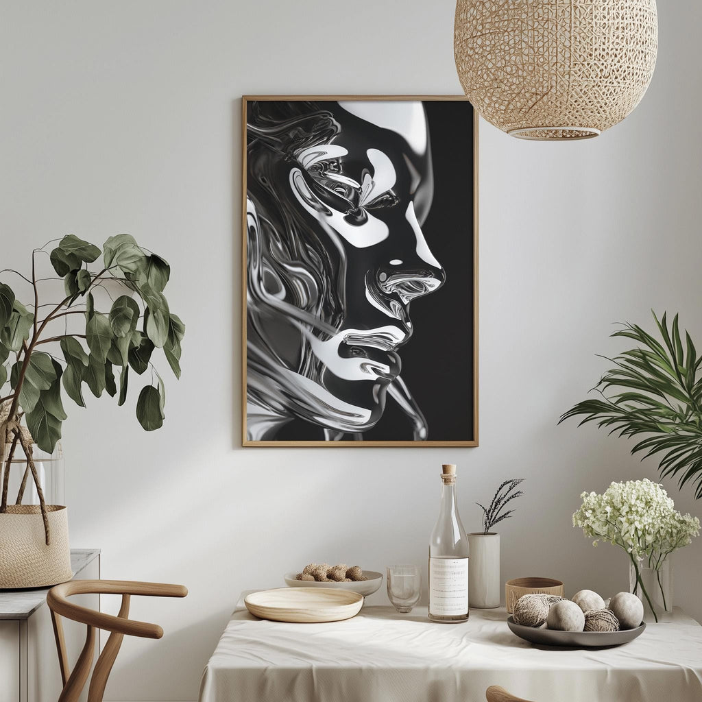 a dining table with a bowl of fruit, a bottle, and a vase of flowers, along with a framed black and white portrait of a woman hanging on the wall above the table.
