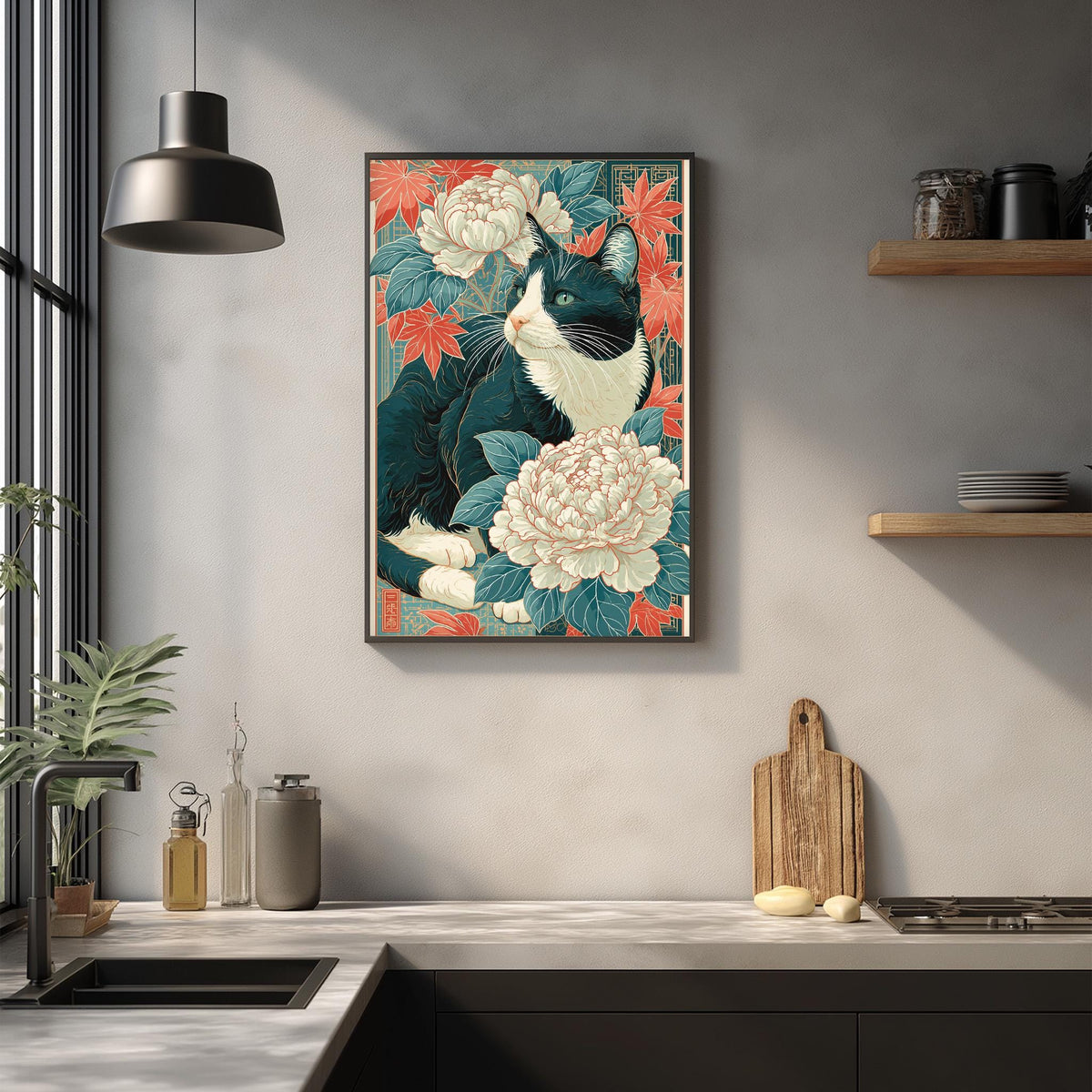 a framed illustration of a cat surrounded by flowers, including a large white flower and a green leaf, hanging on a wall above a kitchen counter.
