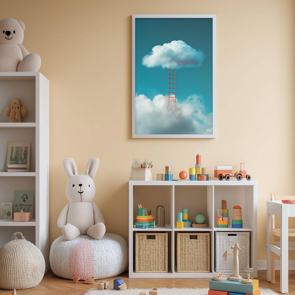A cozy children's room with a white rabbit sitting on a bean bag chair, surrounded by shelves filled with toys and books, and a framed picture of a cloud with a ladder hanging on the wall.