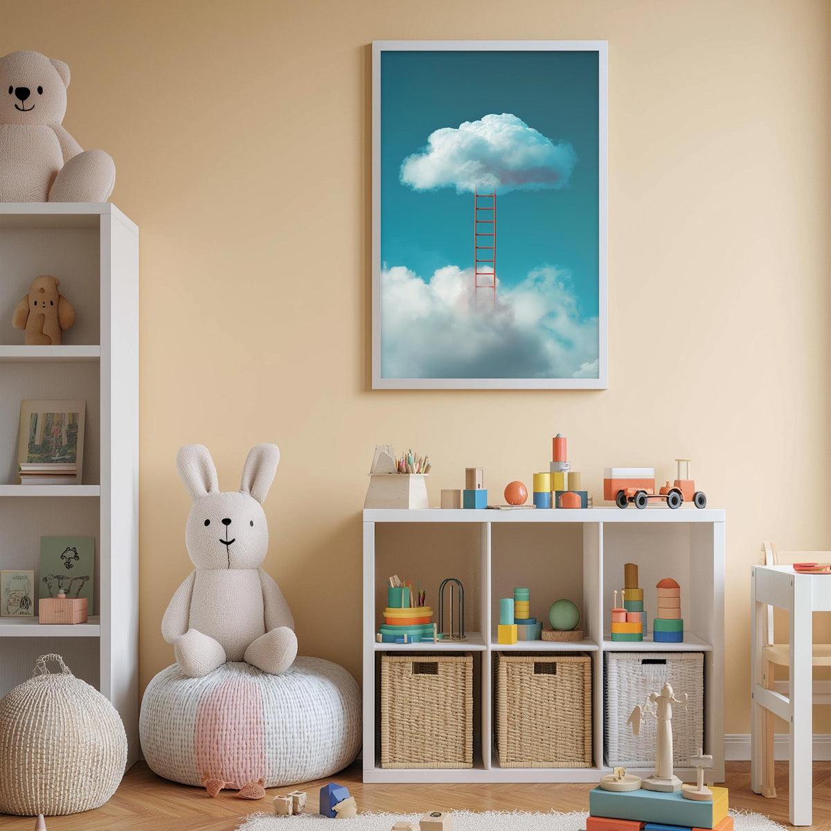 A cozy children's room with a white rabbit sitting on a bean bag chair, surrounded by shelves filled with toys and books, and a framed picture of a cloud with a ladder hanging on the wall.