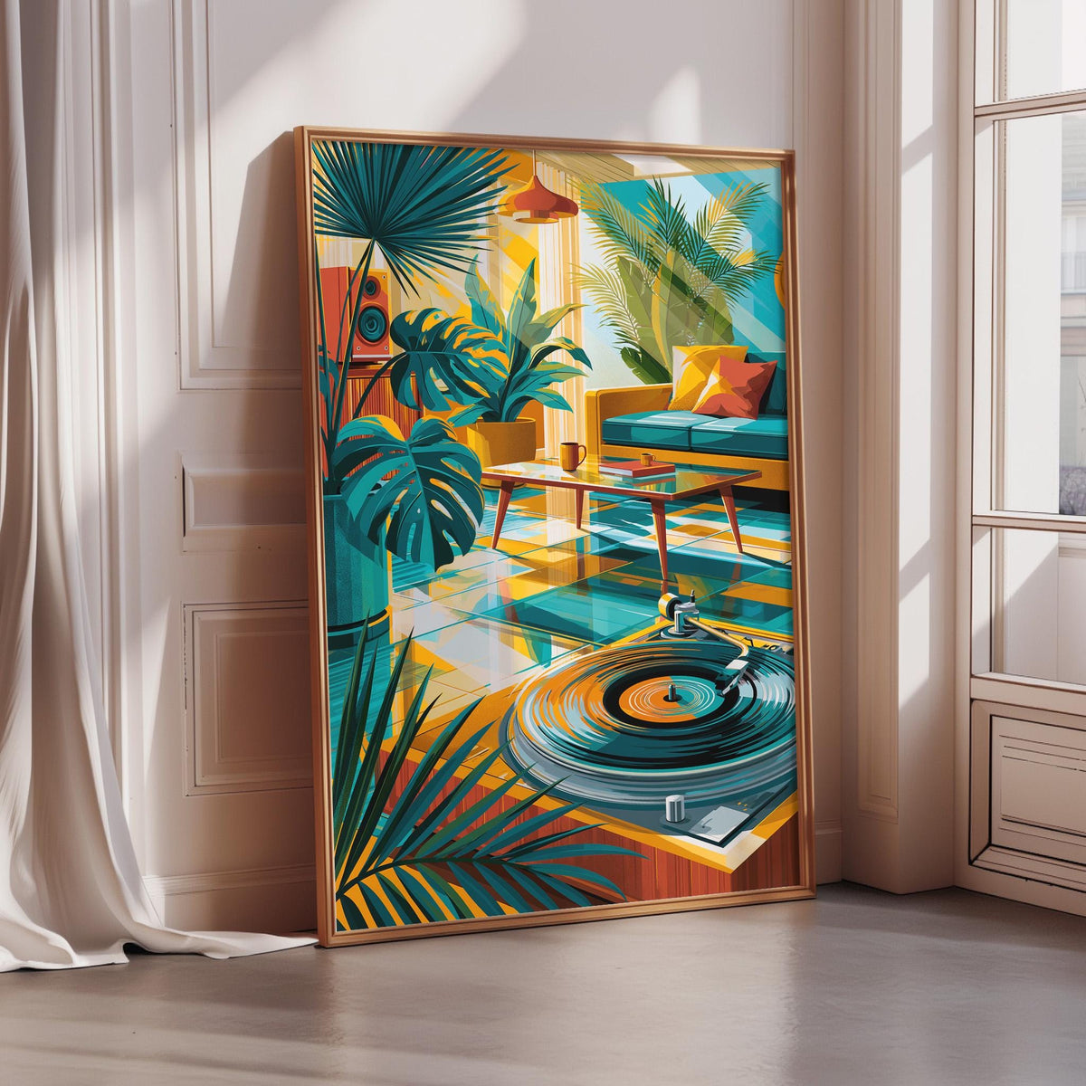 The image is a vibrant and colorful painting depicting a tropical indoor setting with a record player, a couch, and various plants.